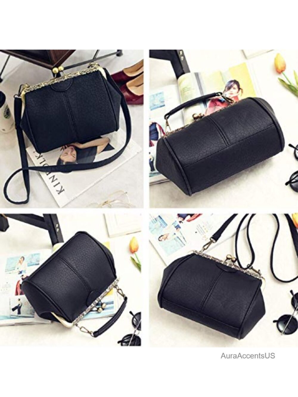 Vintage PU Leather Kiss Lock Crossbody Bag with Detachable Straps - Picture 4 of 6